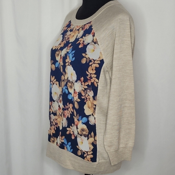 J Crew Merino Wool Floral Silk Panel 3/4 Sleeve Lightweight Sweater Top - Size M - Picture 5 of 14